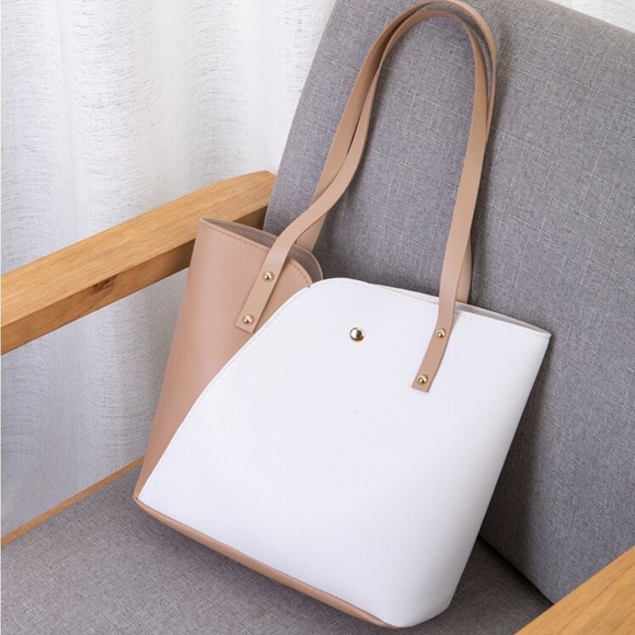 ⚠️Clearance White And Brown Color Block Shoulder Tote Bag - Picture 4 of 5